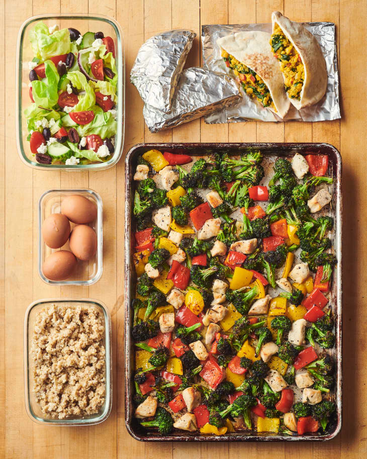 various ingredients to meal prep of high protein meals with lots of vegetables