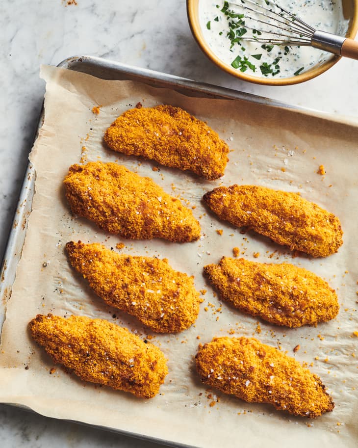 Extra Toasty Cheez-It Chicken Tenders on a sheet pan