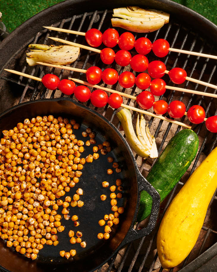vegetables and chickpeas on a grill