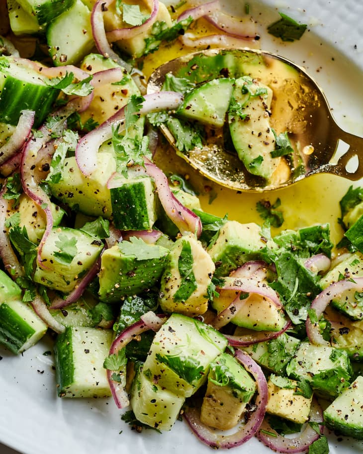 close up of cucumber avocado salad
