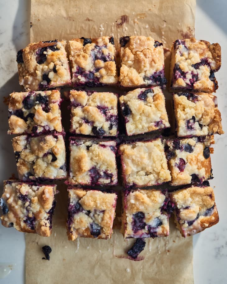 blueberry buckle sliced on parchment sling
