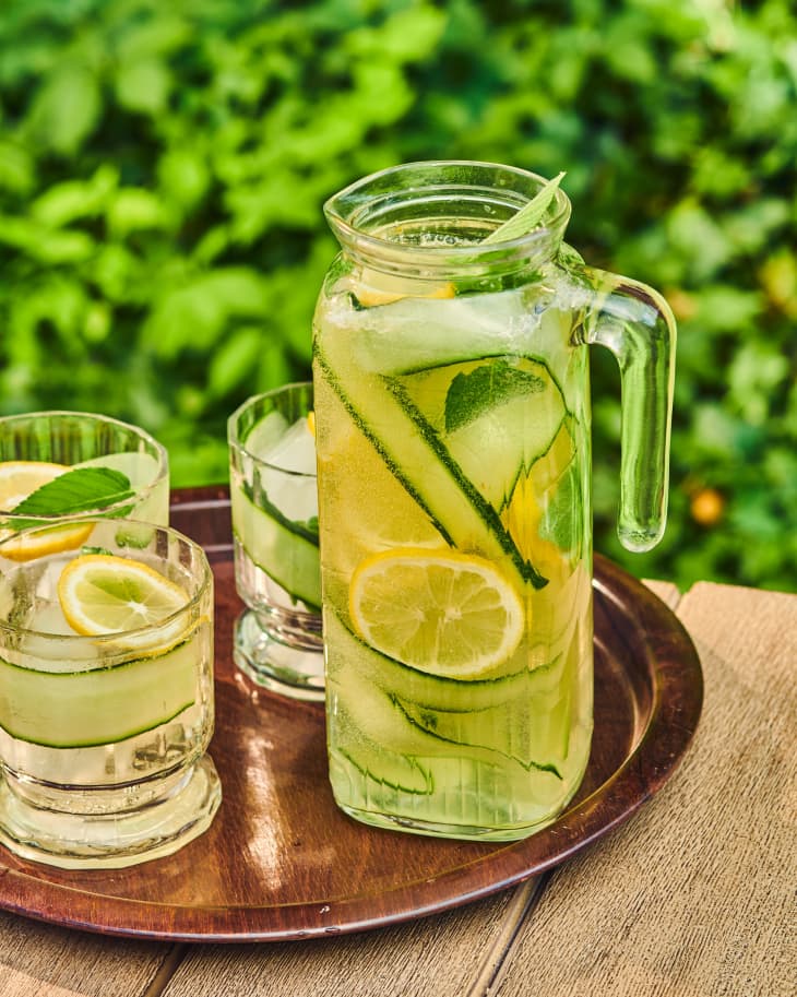 glasses of pitcher spritzer on a bamboo tray
