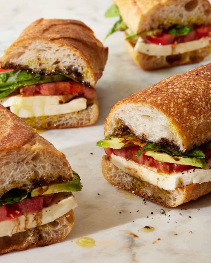 summer caprese sandwiches laid out flat