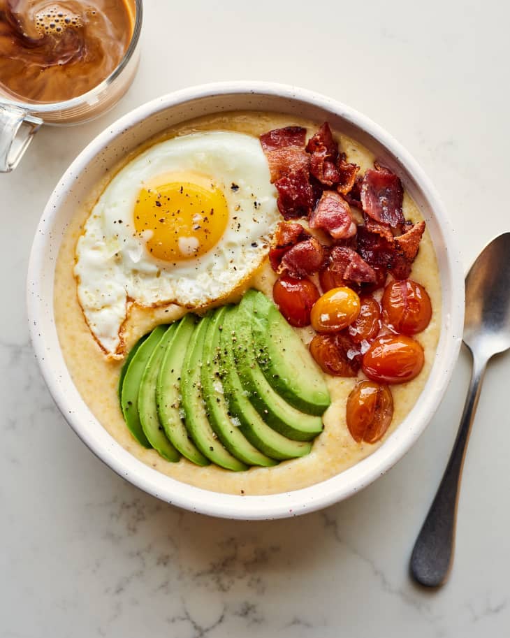 breakfast grits in a bowl with toppings