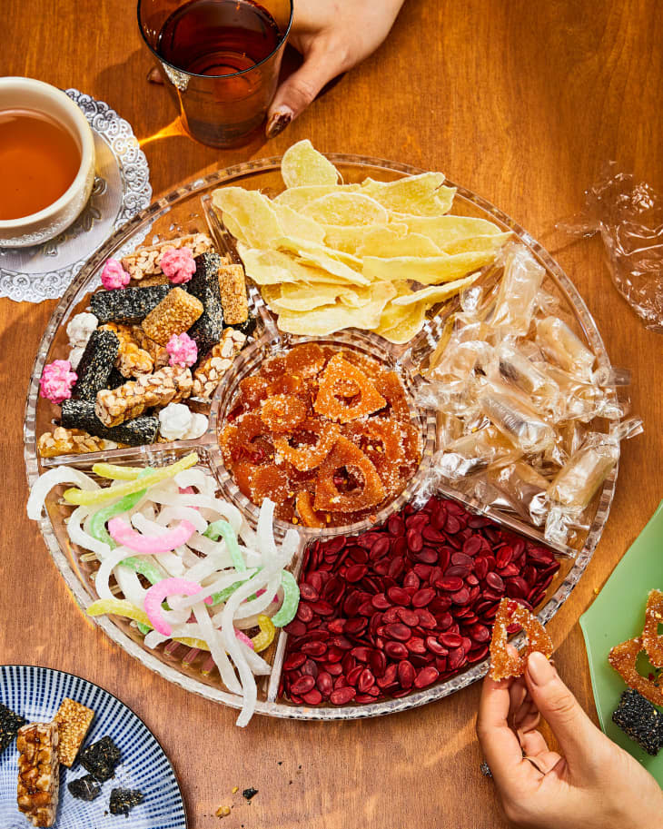 Mứt tray with candied Meyer lemon peel and assorted candies, etc.
