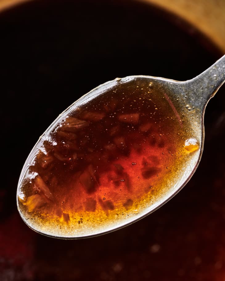 closeup shot of a spoon of Fish Sauce Caramel