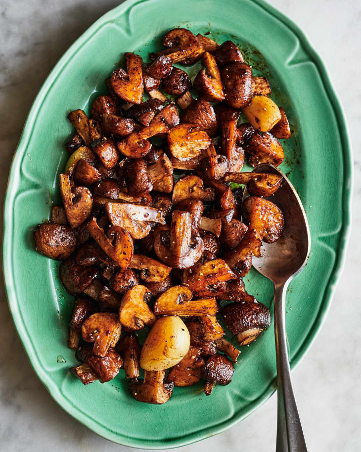 a plate of roasted mushrooms, ready to serve