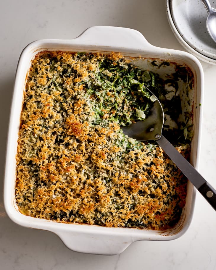 overhead shot of spinach gratin in a casserole dish