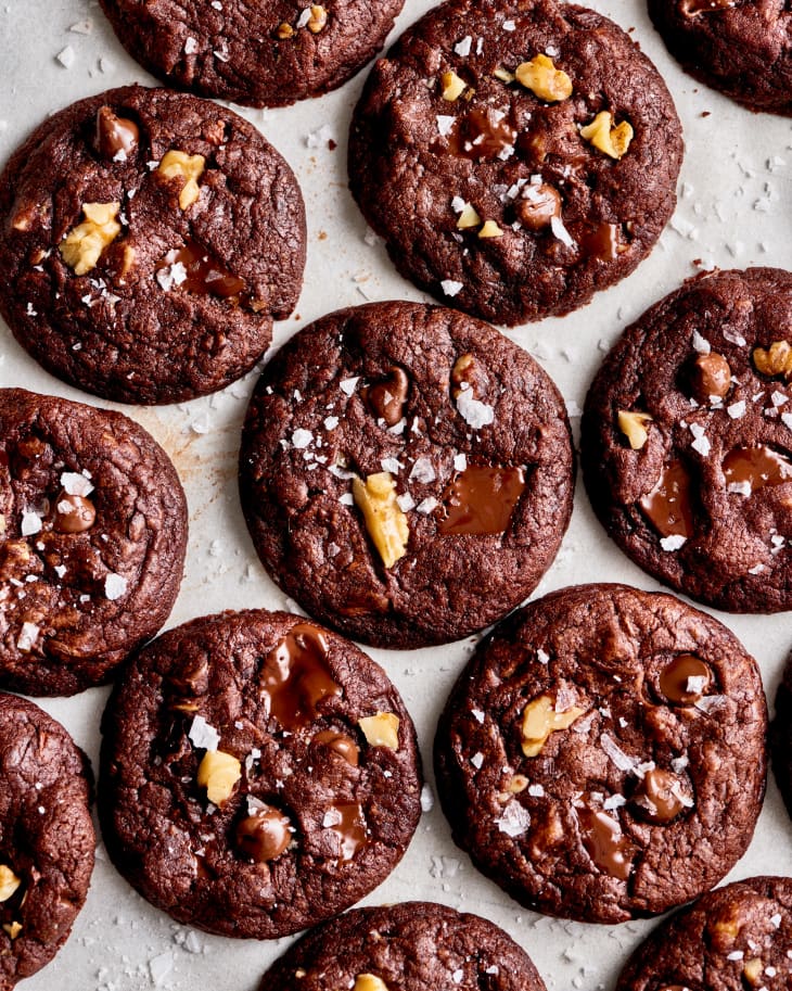 vegan double chocolate cookies on a sheet pan