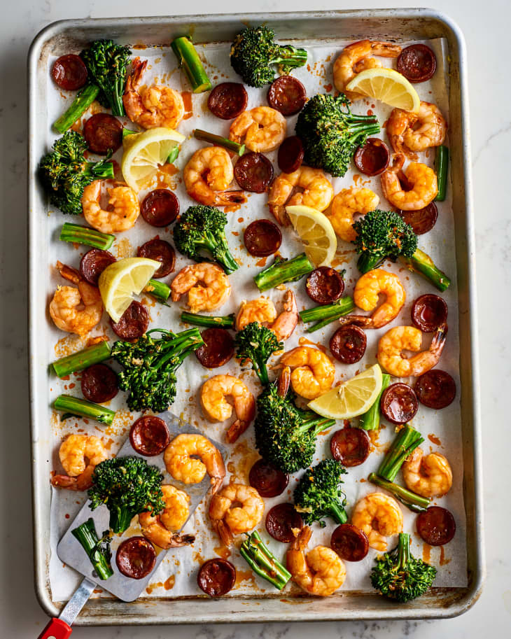 Roasted Shrimp, Chorizo, and Broccolini on a sheet pan