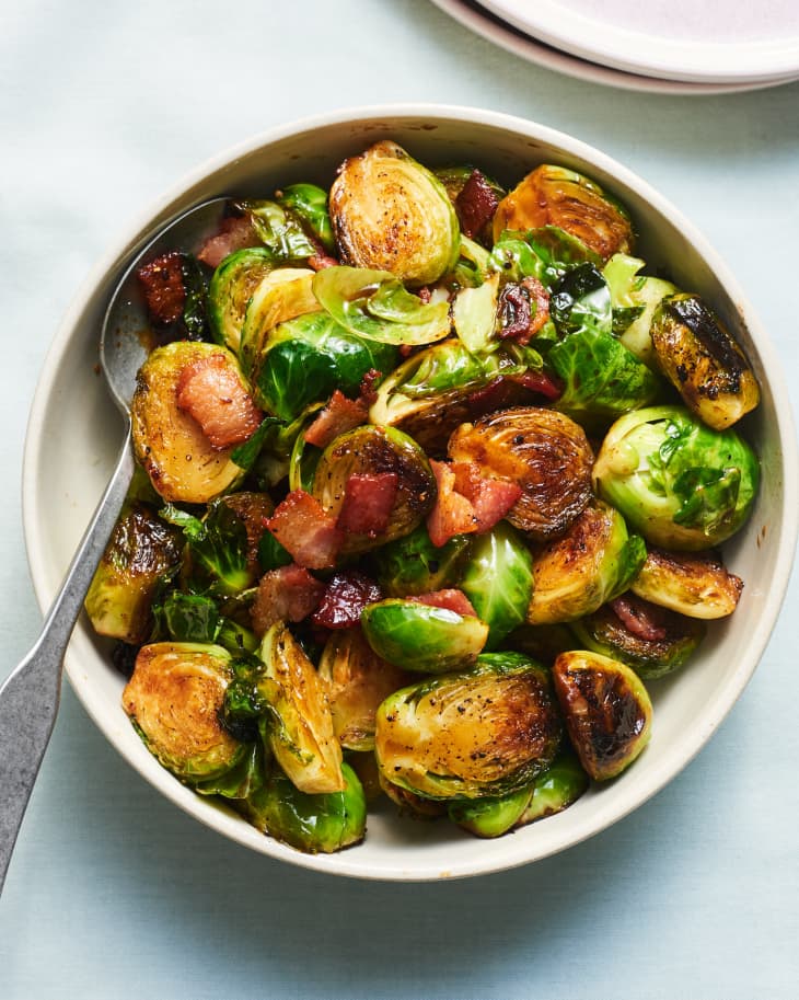 brown sugar bacon brussels sprouts in a serving bowl