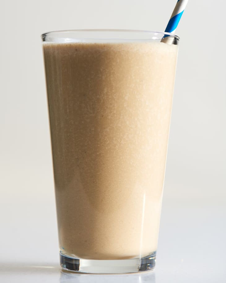 hero shot of single peanut butter banana smoothie