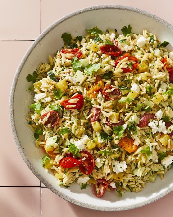 tomato orzo salad in a bowl