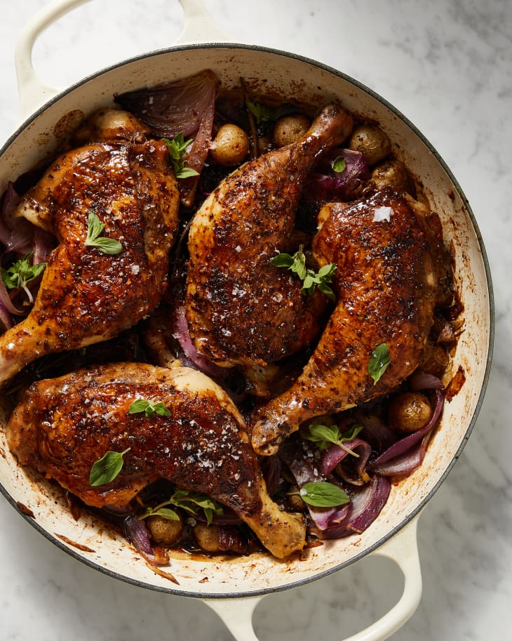 pomegranate-molasses chicken in a large skillet