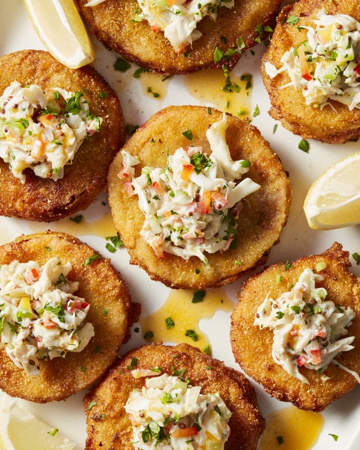 Fried green tomatoes topped with crab salad