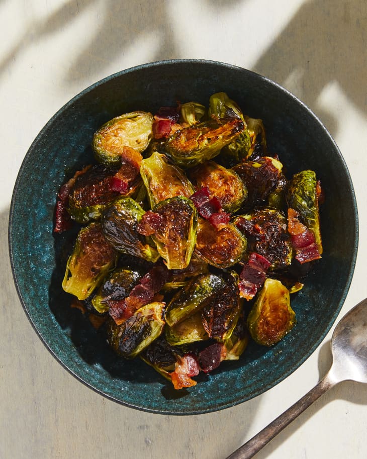 Maple bacon Brussels Sprouts in serving bowl