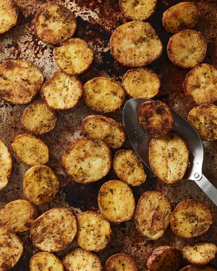 Close up of oven roasted potatoes on sheet pan