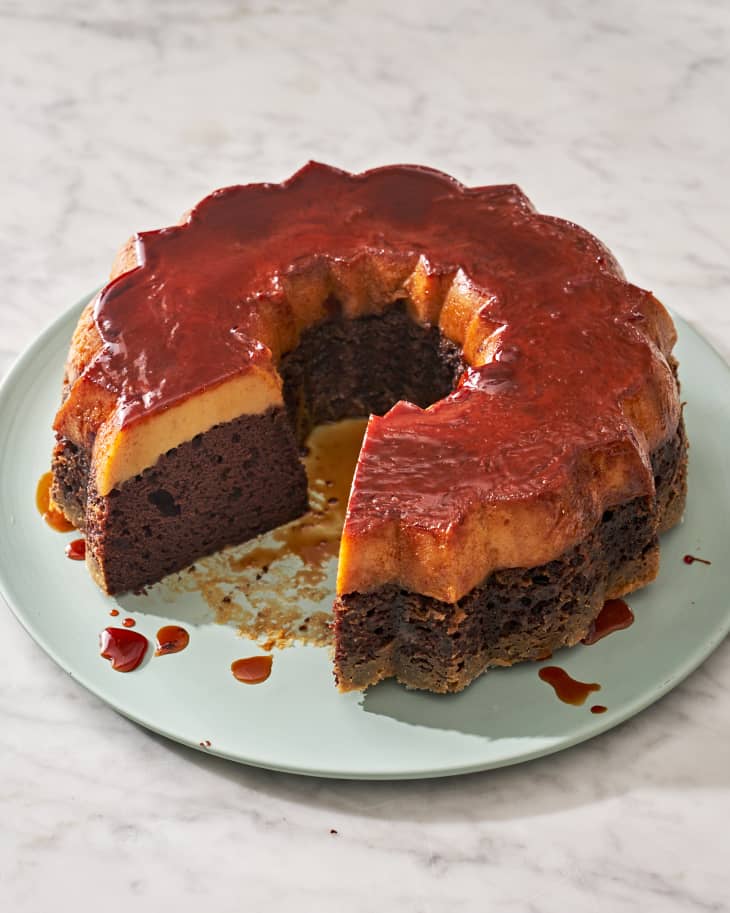 Chocoflan on a platter, one slice cut out