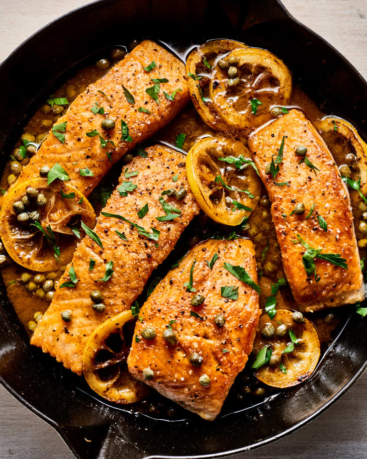 salmon piccata in the pan
