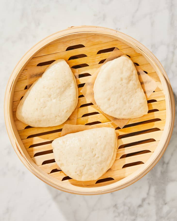 Chinese Steamed Buns in bamboo steamer.