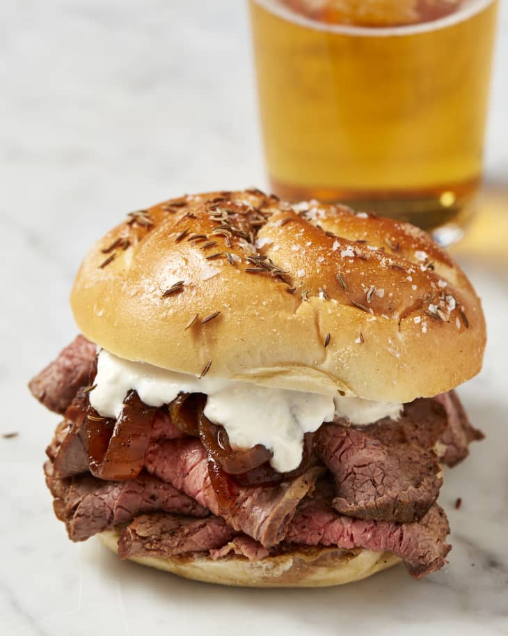 Close up of beef on weck sandwich.