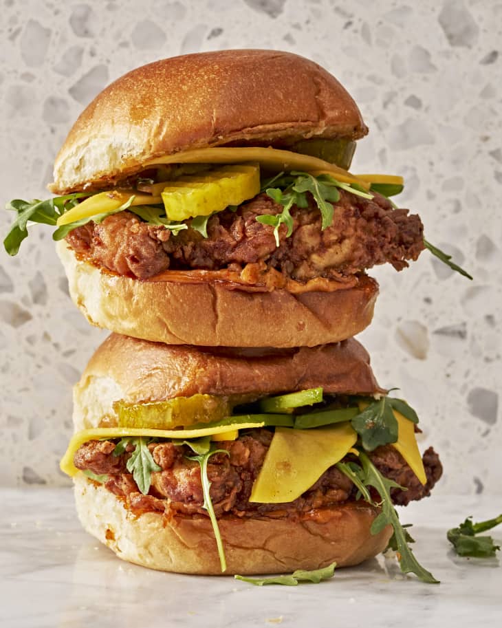 stack of labneh fried chicken sandwiches