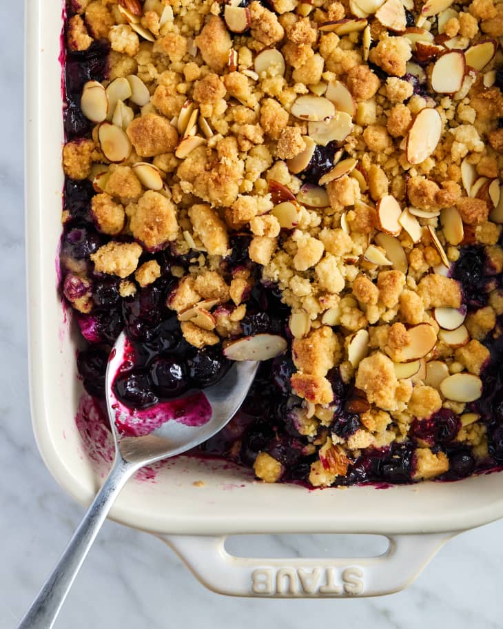 blueberry crumble in a baking dish