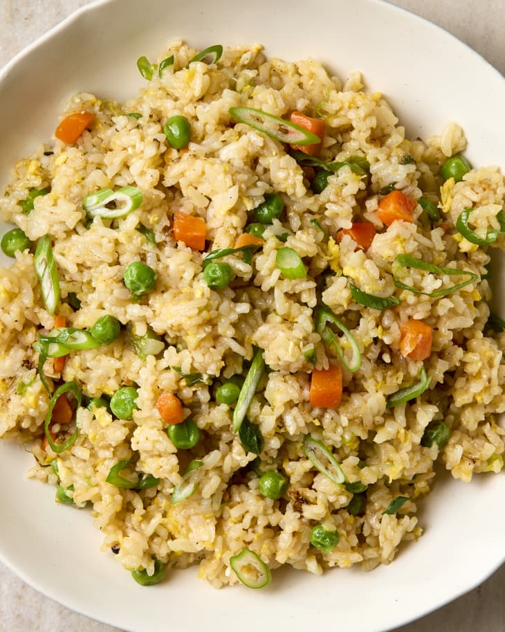 A bowl of vegetable fried rice from overhead.
