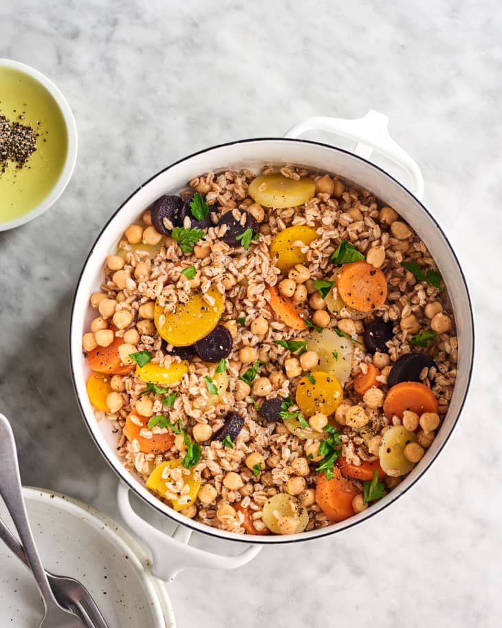 Farro, carrots, and chickpeas in a dutch oven