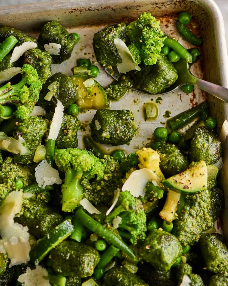 closeup of roasted broccoli and kale gnocchi
