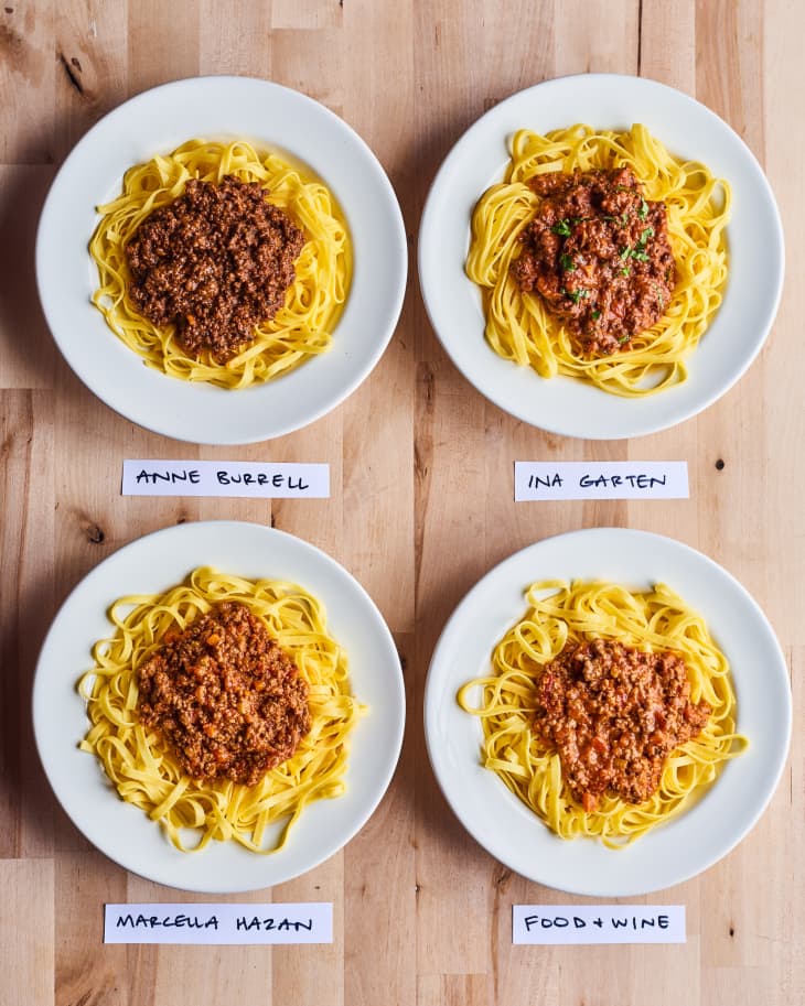 Four plates of pasta with meat sauce labeled Anne Burrell, Ina Garten, Marcella Hazan, and Food & Wine.