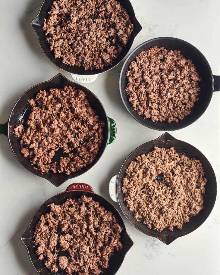 all different ways to brown ground beef in skillets next to each other