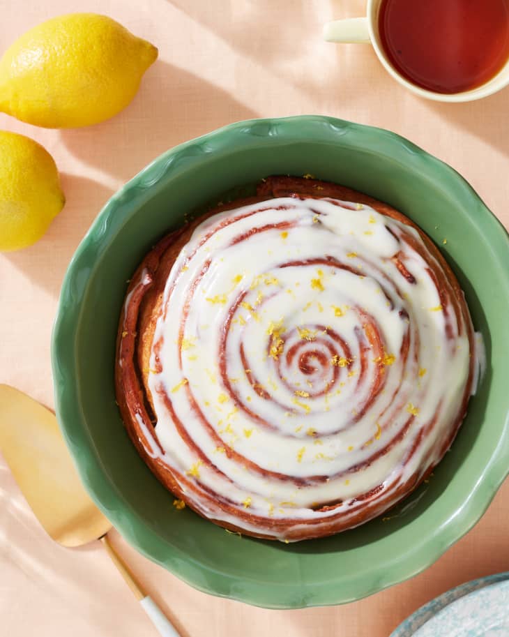 lemon roll cake in a pie dish, frosted