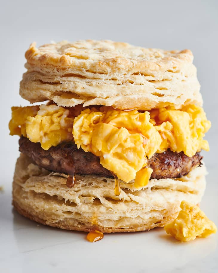 biscuit breakfast sandwich on a table