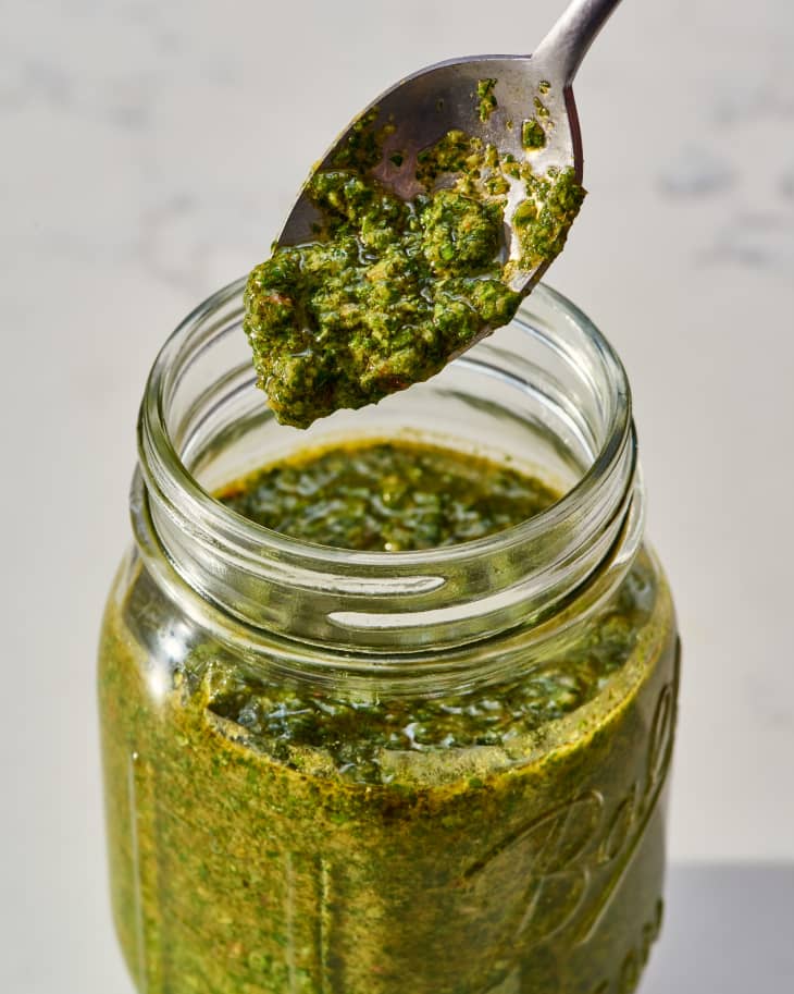 green goddess pesto sauce in a mason jar