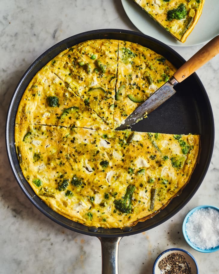 goat cheese frittata in cast iron skillet