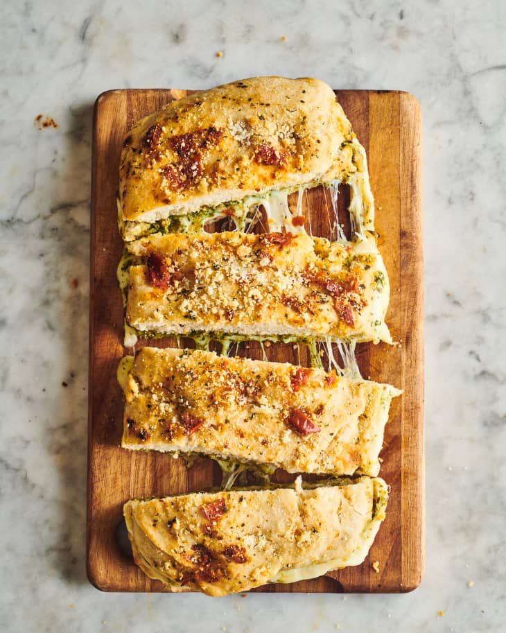 ultimate grilled cheese sliced on butcher block