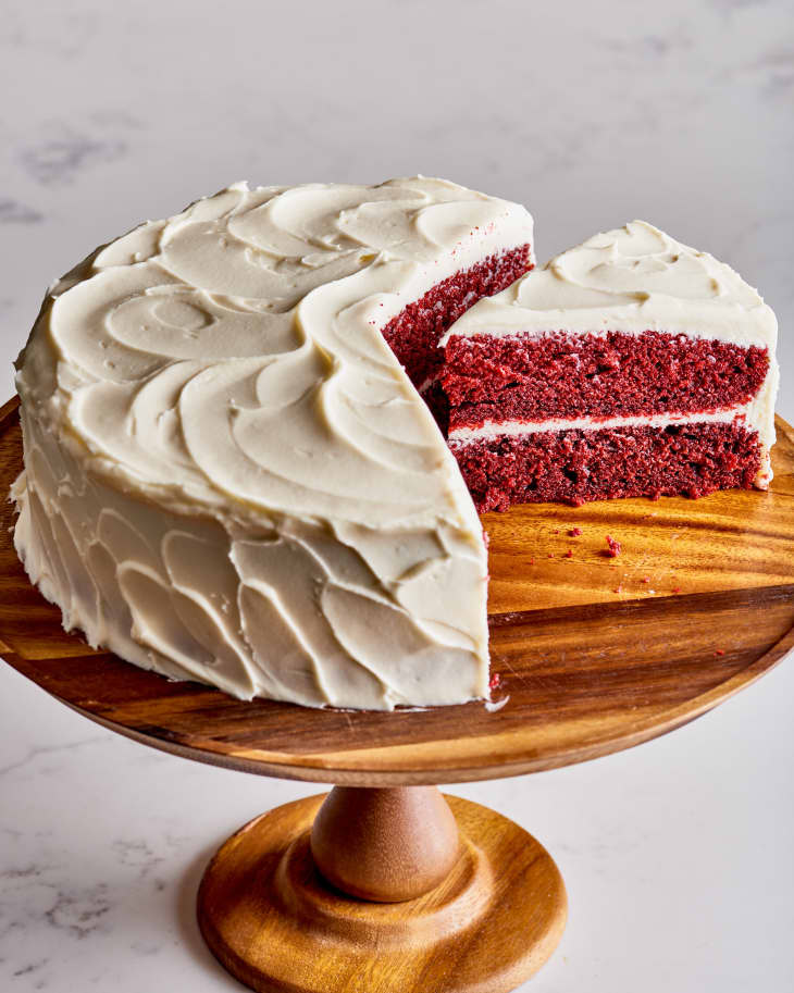 shot of a red velvet cake on a cake stand