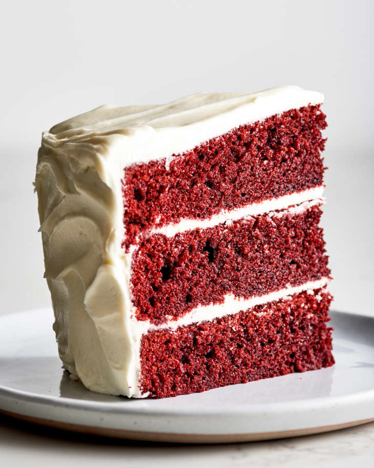 hero shot of a slice of red velvet cake cake on a plate