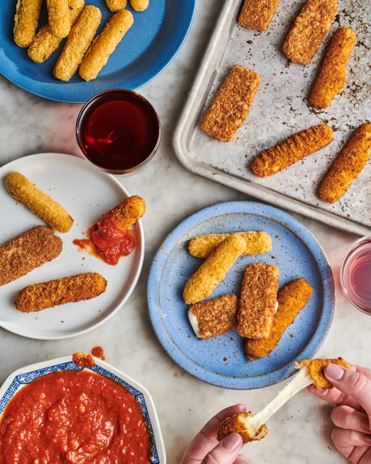 mozzarella stick party happening on a marble counter