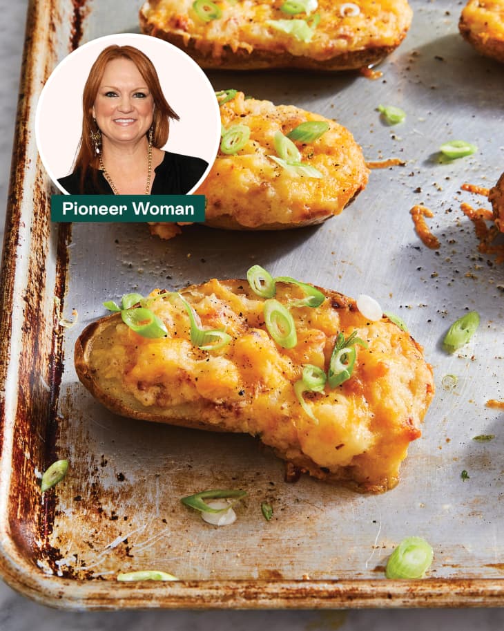 Pioneer Woman's twice-baked potatoes on a baking sheet