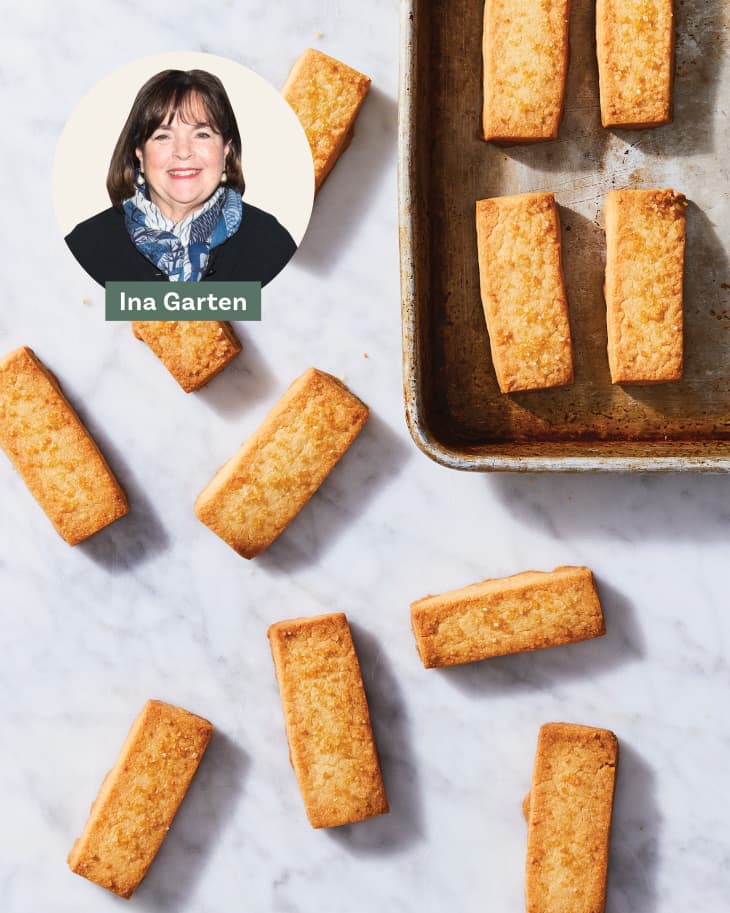 Ina Garten's shortbread shown on a surface and baking pan
