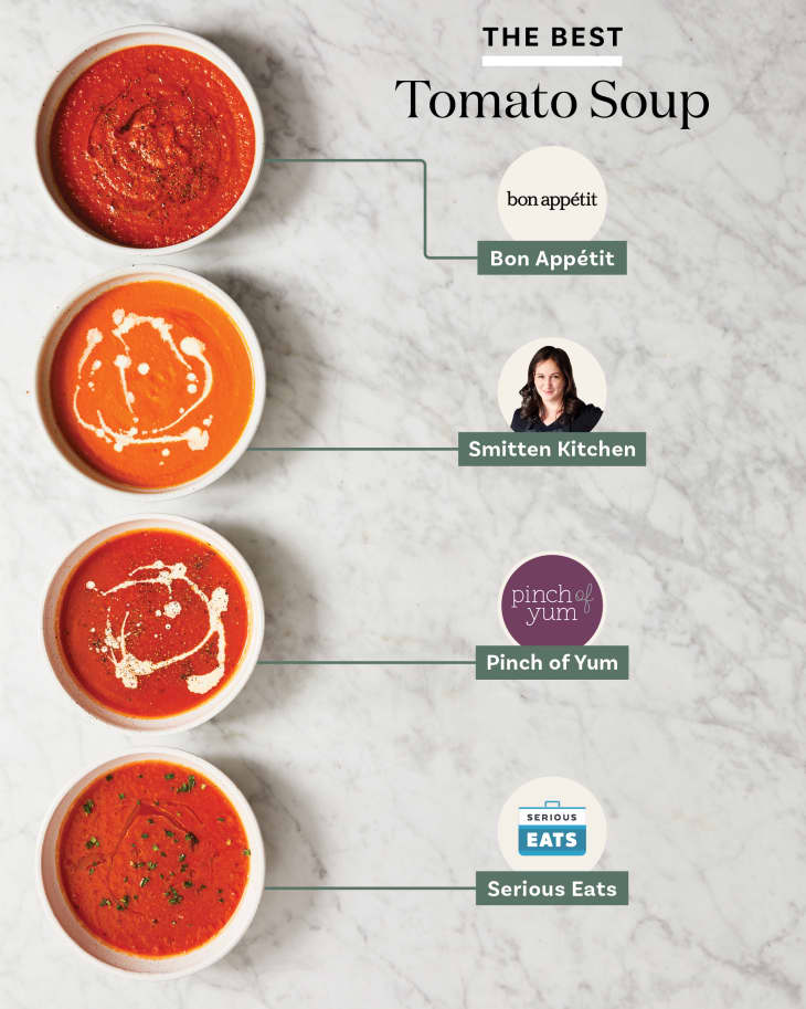 Four different tomato soup recipes lined up in bowls on a surface