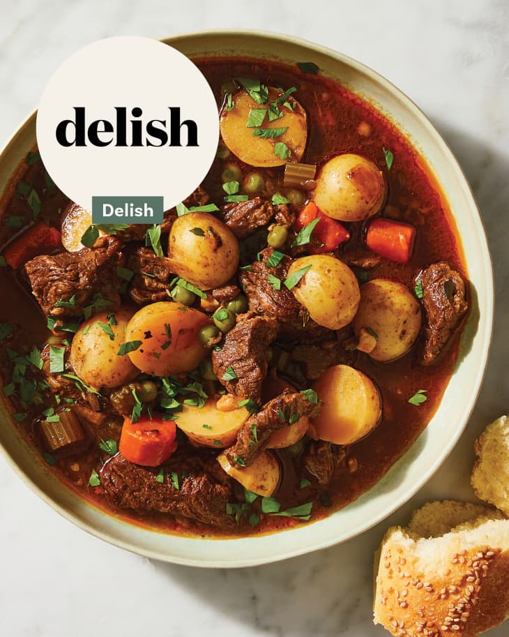 Delish beef stew recipe in a bowl