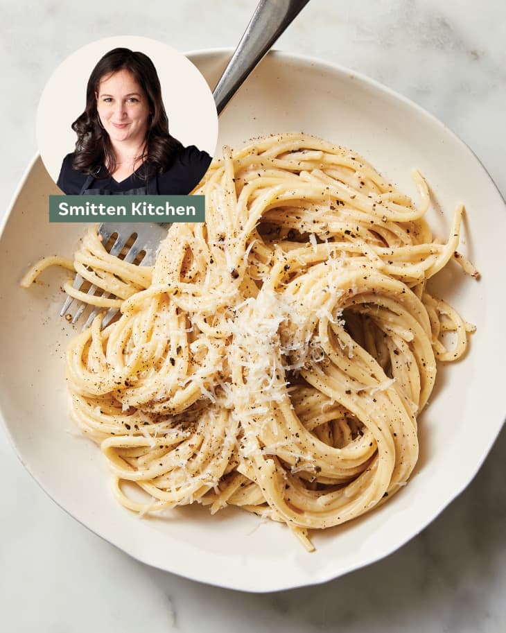 Cacio e pepe recipe by Smitten Kitchen in a bowl on a marble surface