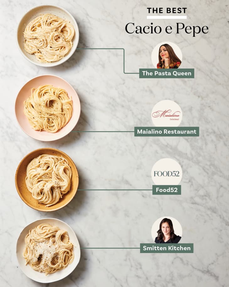 Lineup of four different cacio e pepe recipes in bowls on a marble surface
