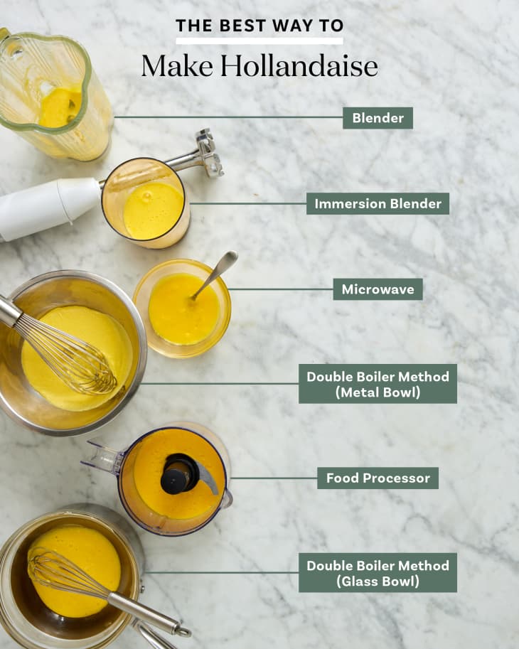 various methods of making hollandaise sauce lined up and labeled on surface