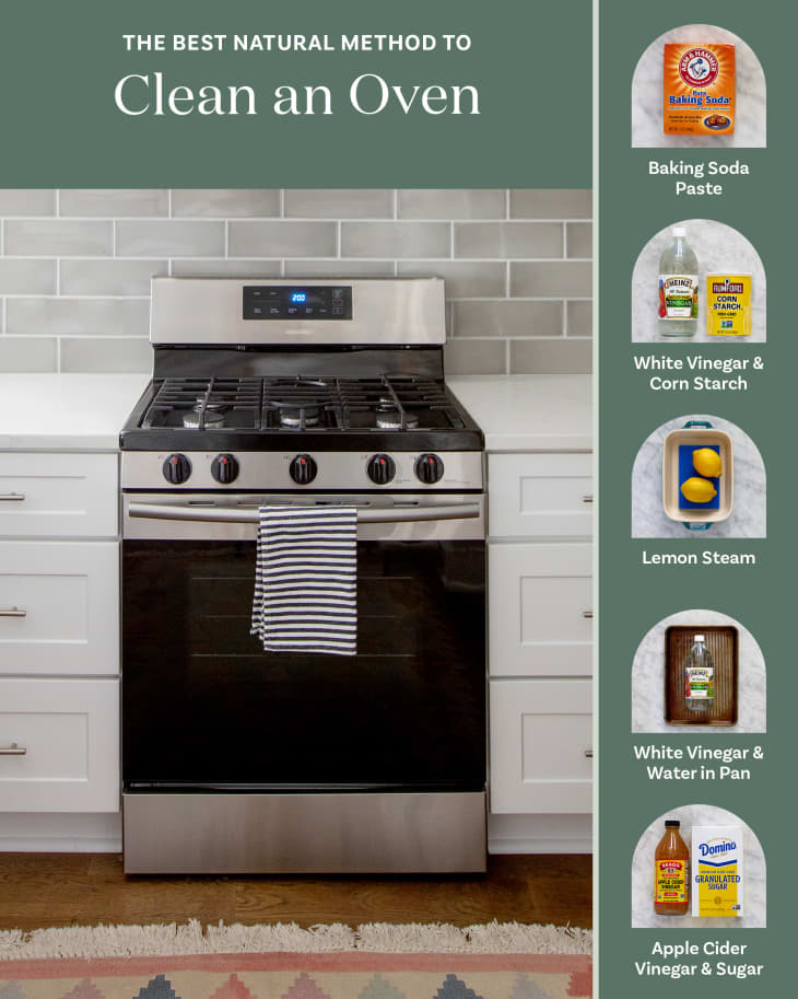 Graphic with a large image of and oven in a kitchen, and 5 methods down the side used to clean ovens: 1. baking soda paste, 2. white veingar and corn starch, 3. lemon steam, 4. white vinegar and water in pan, and 5. Apple cider vinegar and sugar