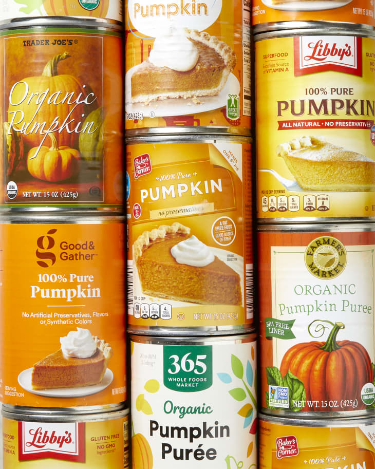 Photo of a group of canned pumpkin cans
