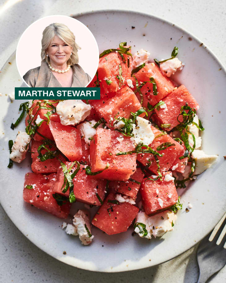 A graphic of Martha Stewart and her watermelon salad recipe